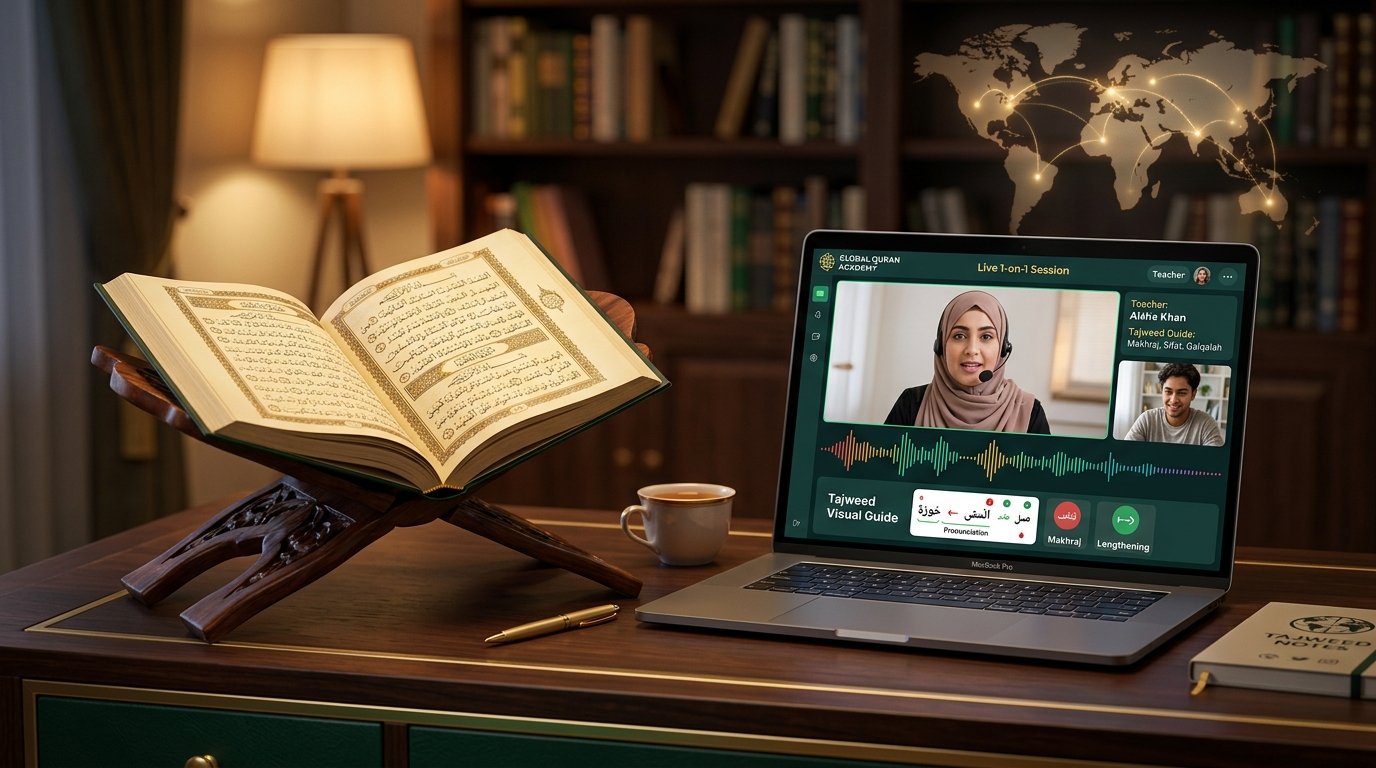 Global online Quran academy study desk with open Holy Quran and live 1-on-1 virtual Tajweed class on laptop